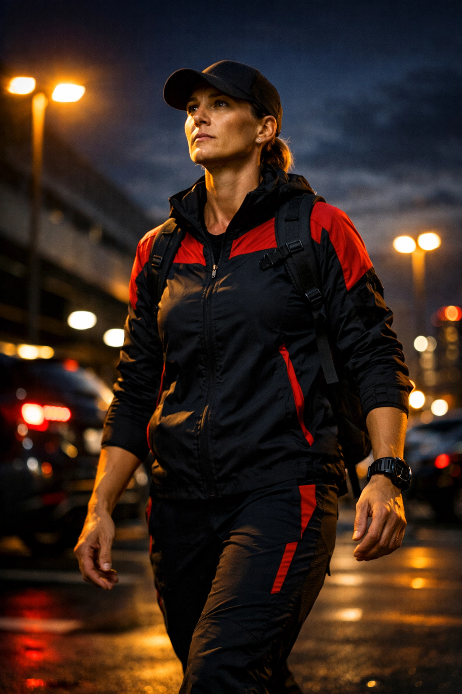 A person practicing situational awareness and scanning their surroundings in a parking lot at dusk.