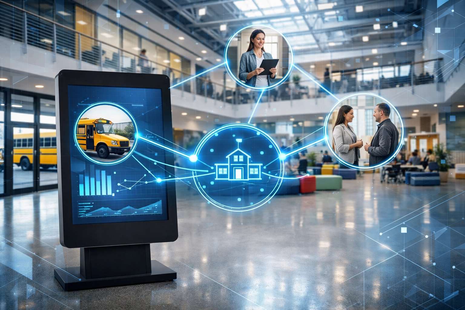 Unified education ERP dashboard in a smart campus, streamlining administrative tasks and learning systems for schools.