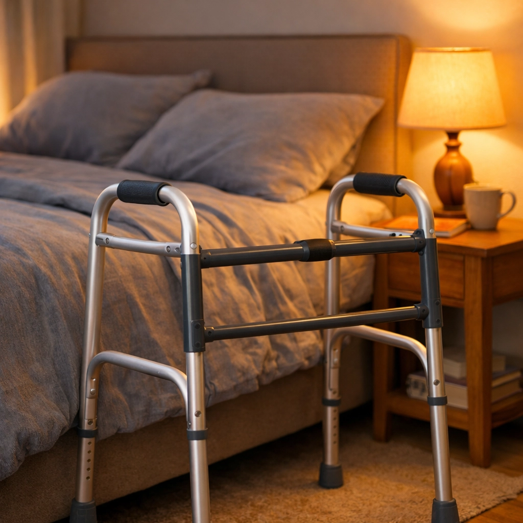 A walker kept next to a bed in a fall-safe bedroom to provide stable support for seniors during the night.