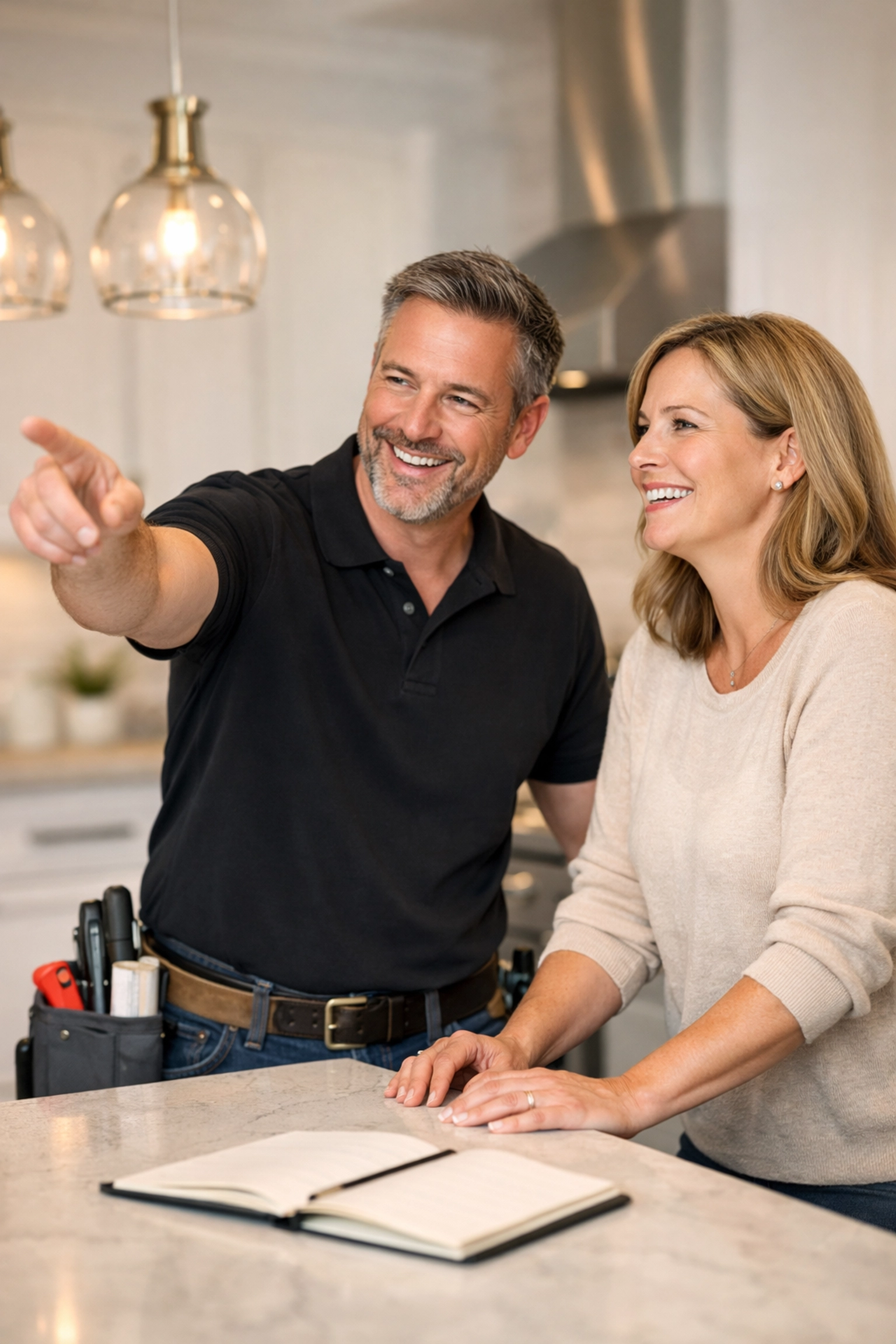 A&G General Services USA remodeling expert discussing a modern kitchen renovation with an Orlando homeowner.