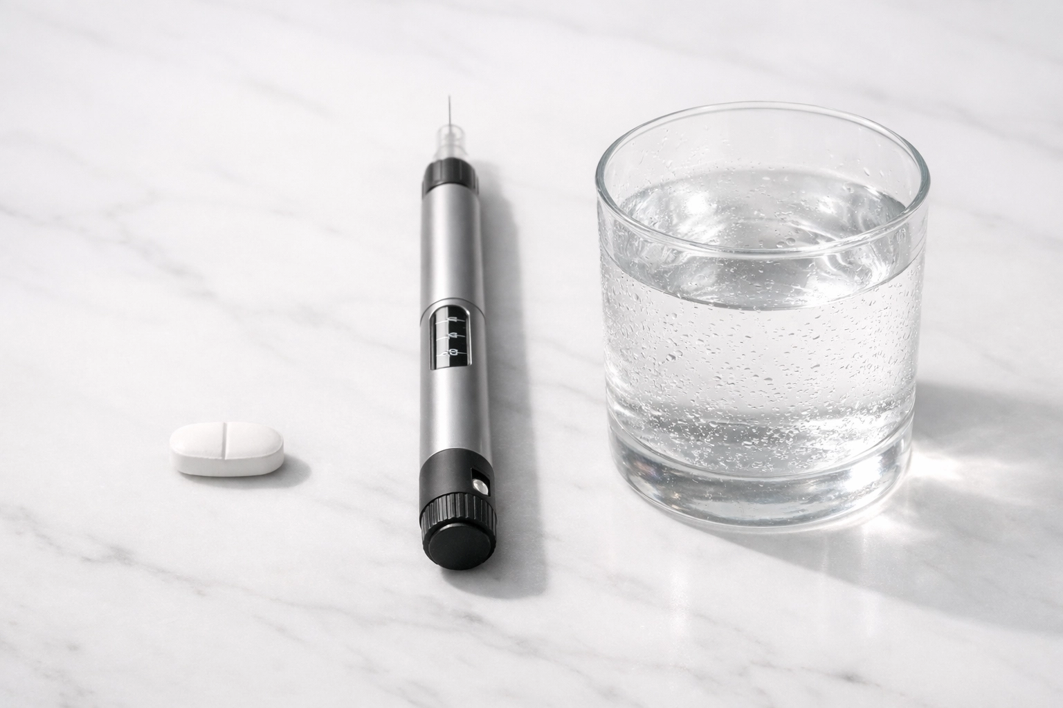 Comparison of a medical weight loss injection pen and an oral semaglutide tablet alternative.