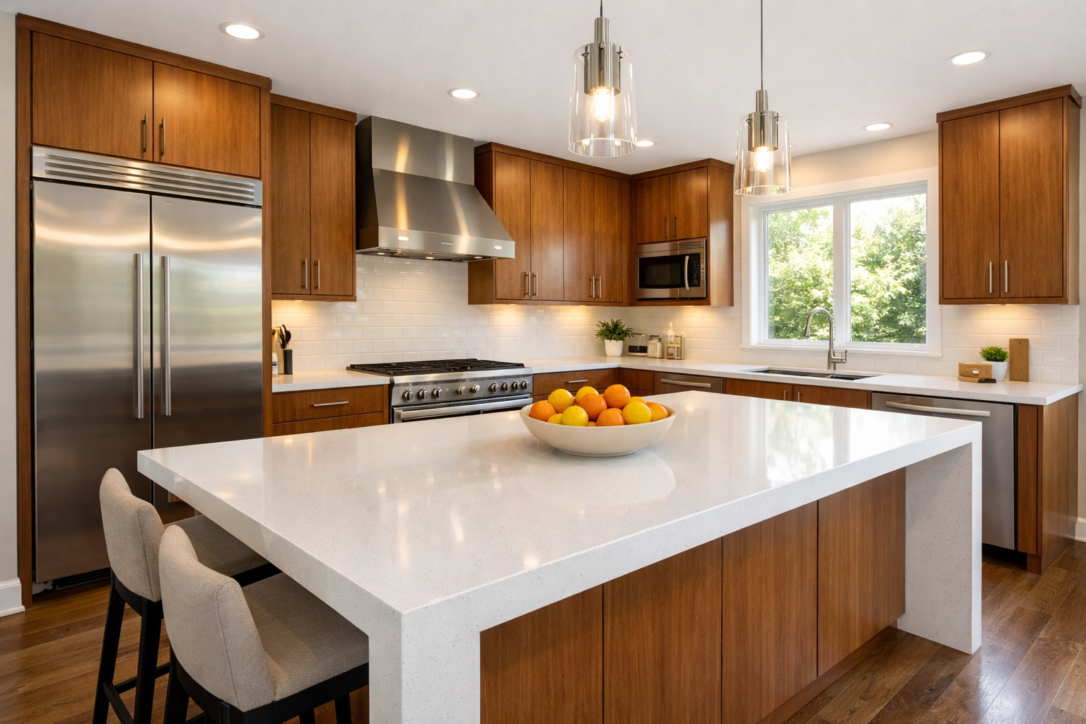 Modern kitchen renovation in a Columbus, Ohio home featuring a white quartz island and custom cabinets.