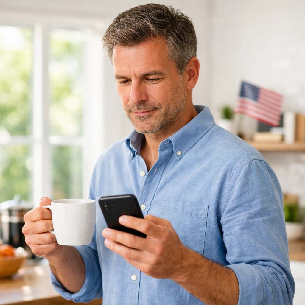 A man reads the daily press release on his smartphone to stay updated on veteran initiatives.