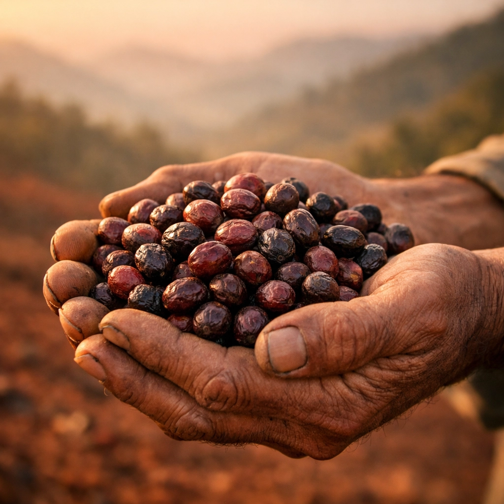 Hands cradling sun-dried coffee cherries in Araku Valley, showcasing traditional natural processing and heritage harvest.