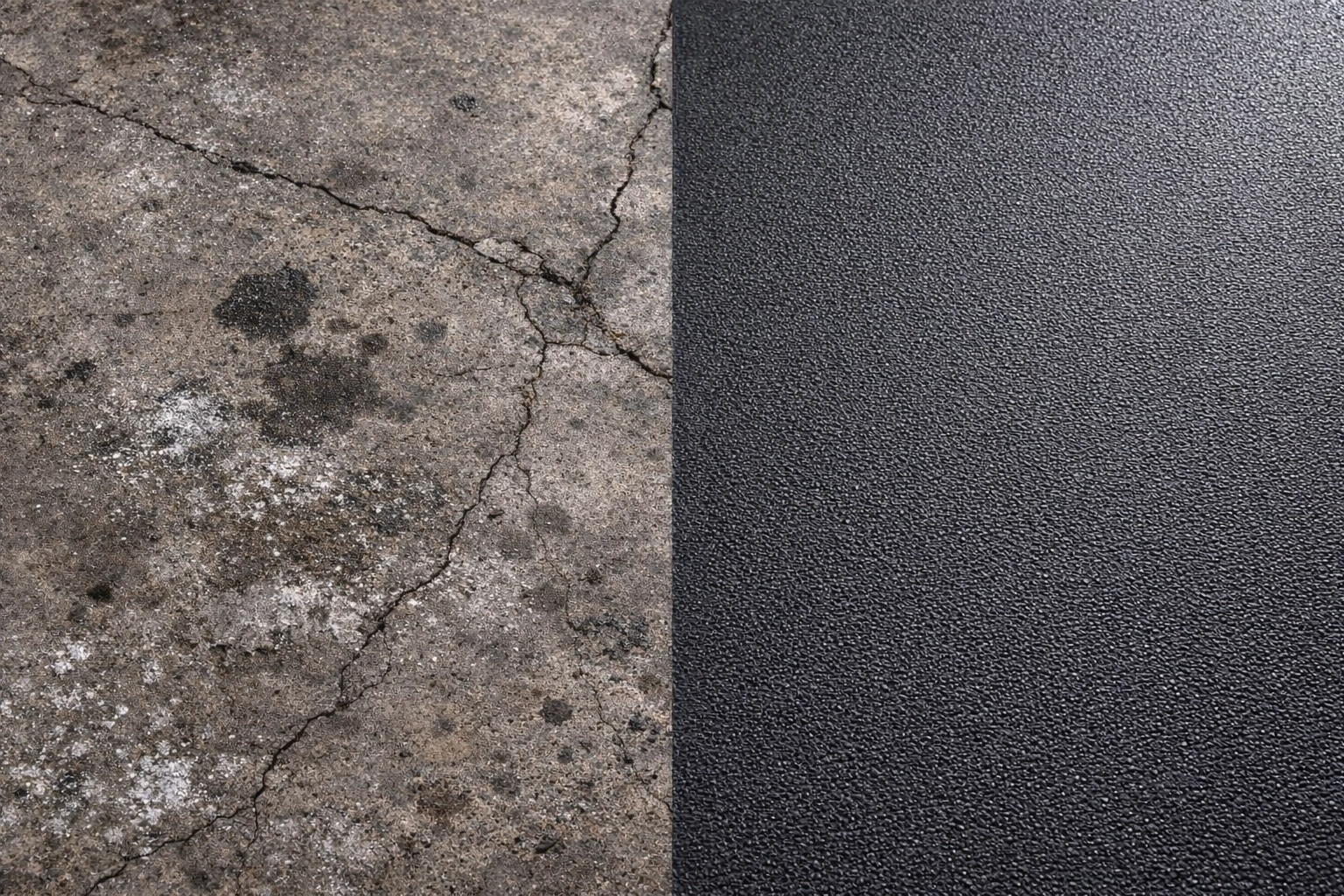 Before and after: cracked concrete garage floor versus smooth rubber surfacing upgrade