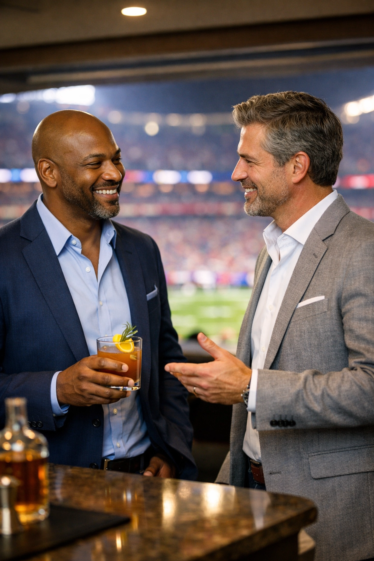 Executives discussing million-dollar business deals inside a luxury stadium suite during the Super Bowl.