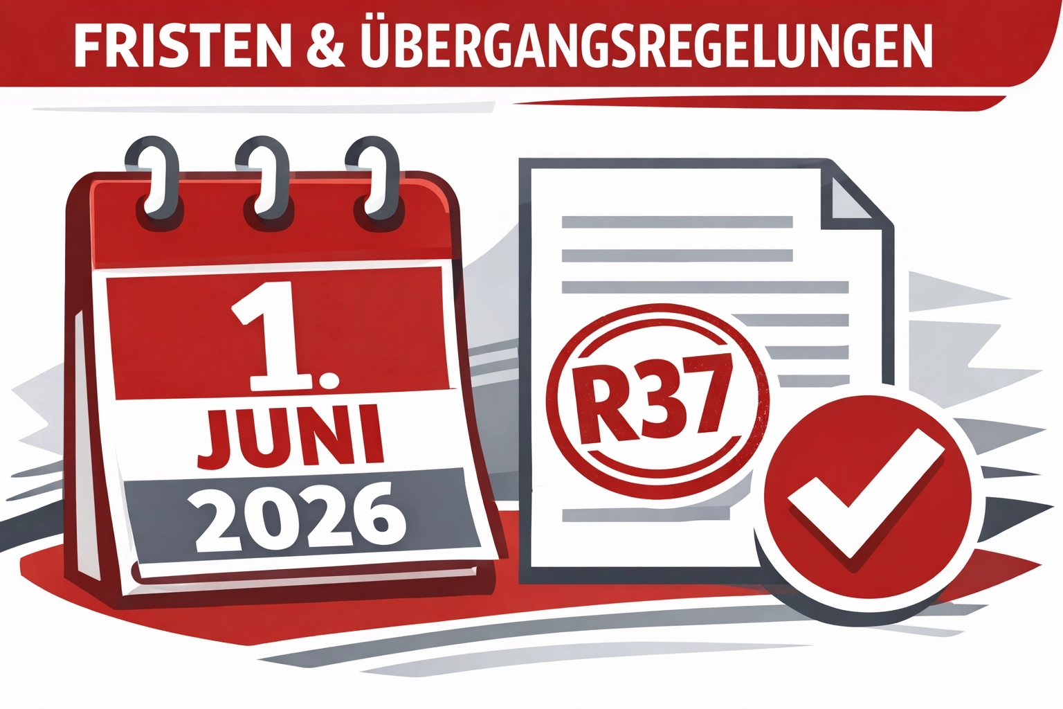 Illustration: Kalender 1. Juni 2026 + Prüfbericht/Checkmark – Fristen OVE R37 & TOR NS