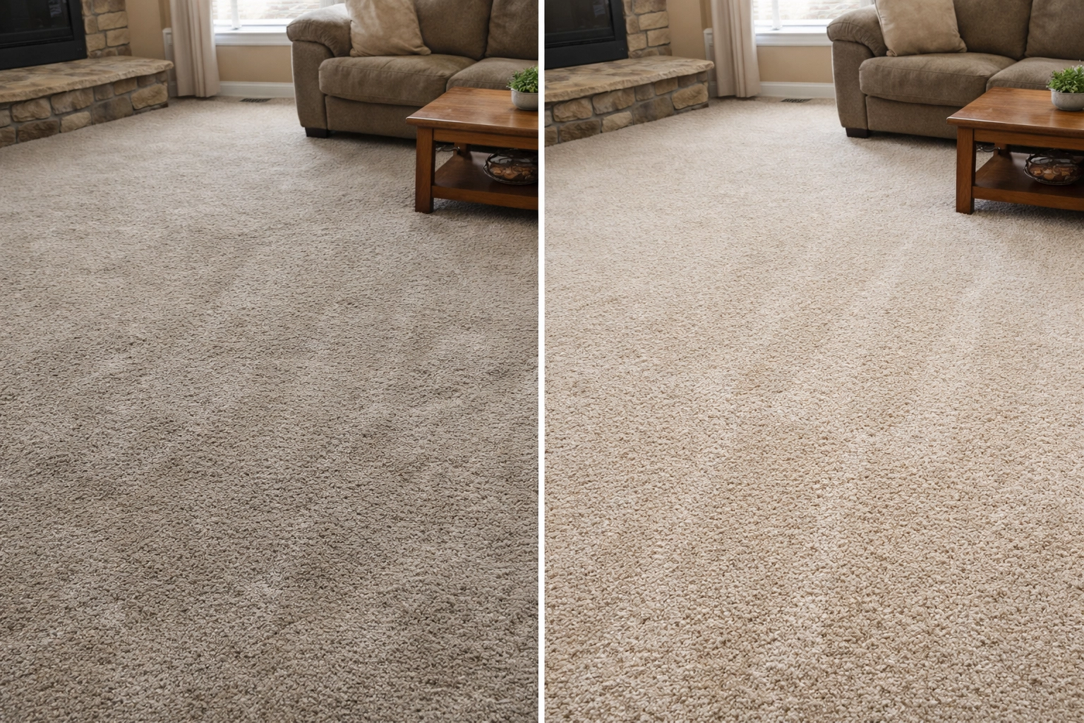 Before-and-after carpet cleaning results in a Tulsa home showing restored color and lifted soil