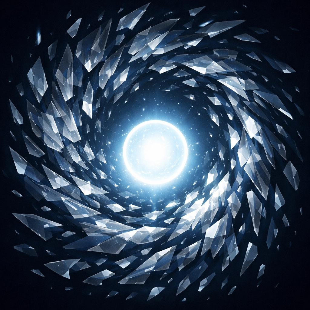 Digital visualization of fragmented data merging into a unified sphere representing a single source of truth.