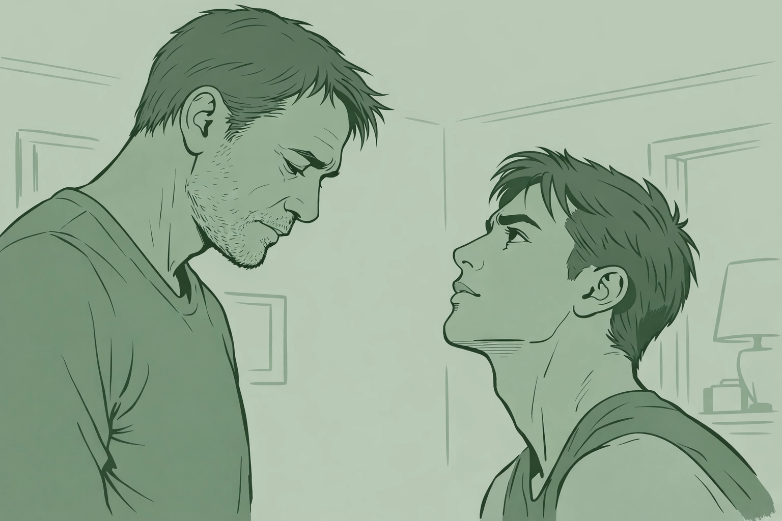 Age gap MM romance illustration depicting intense emotional connection between two men