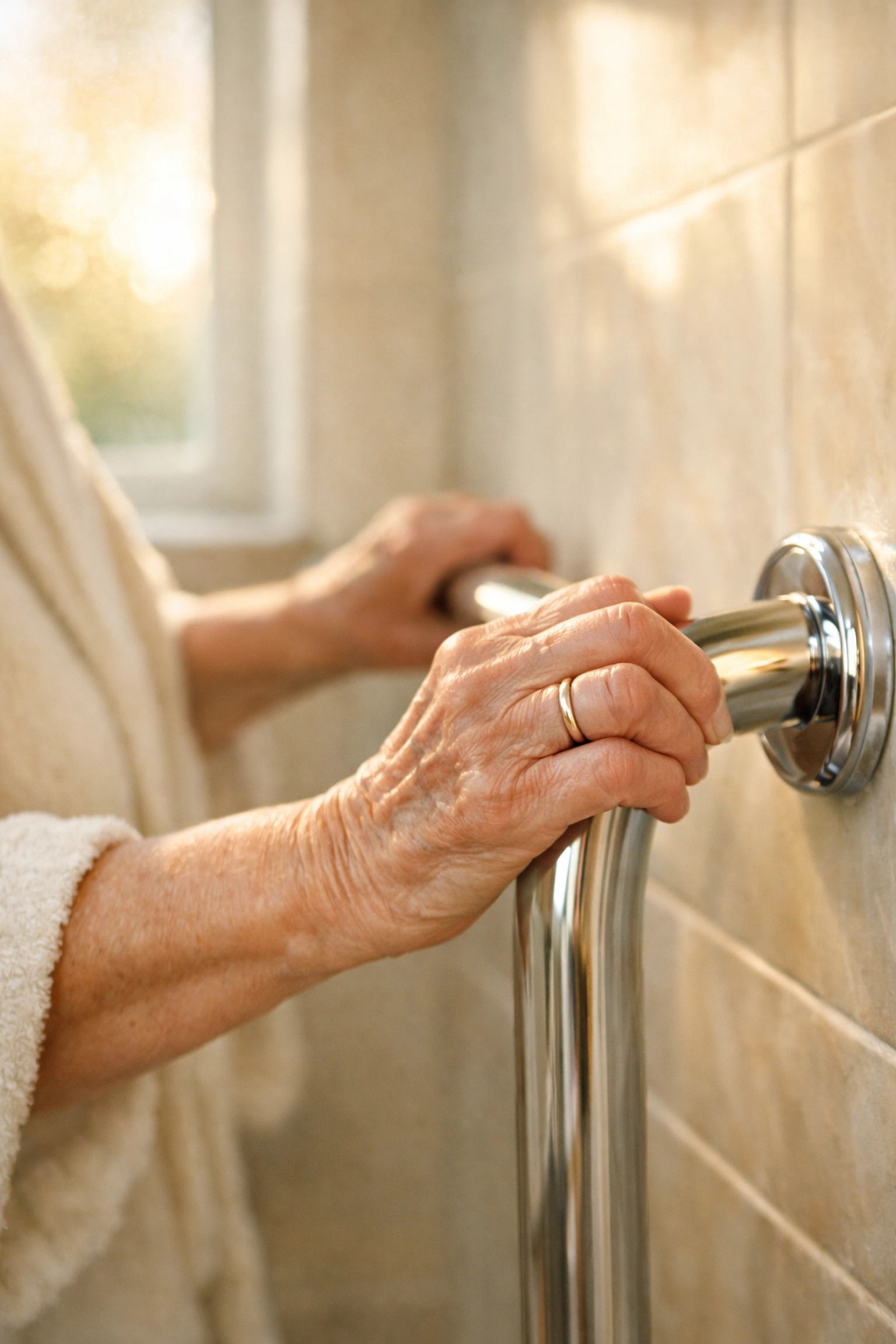 Senior using grab bar in bathroom showing independence and safety