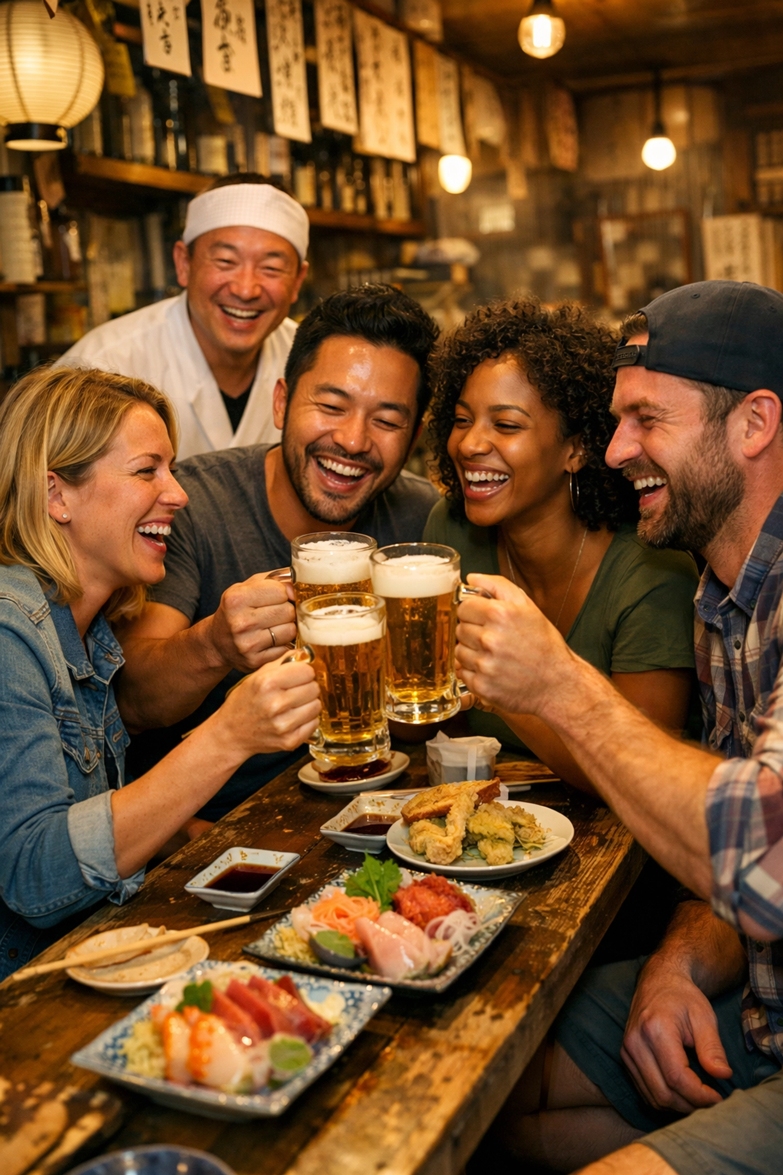 Travelers clinking beers and eating sushi at a local Japanese izakaya in Tokyo.