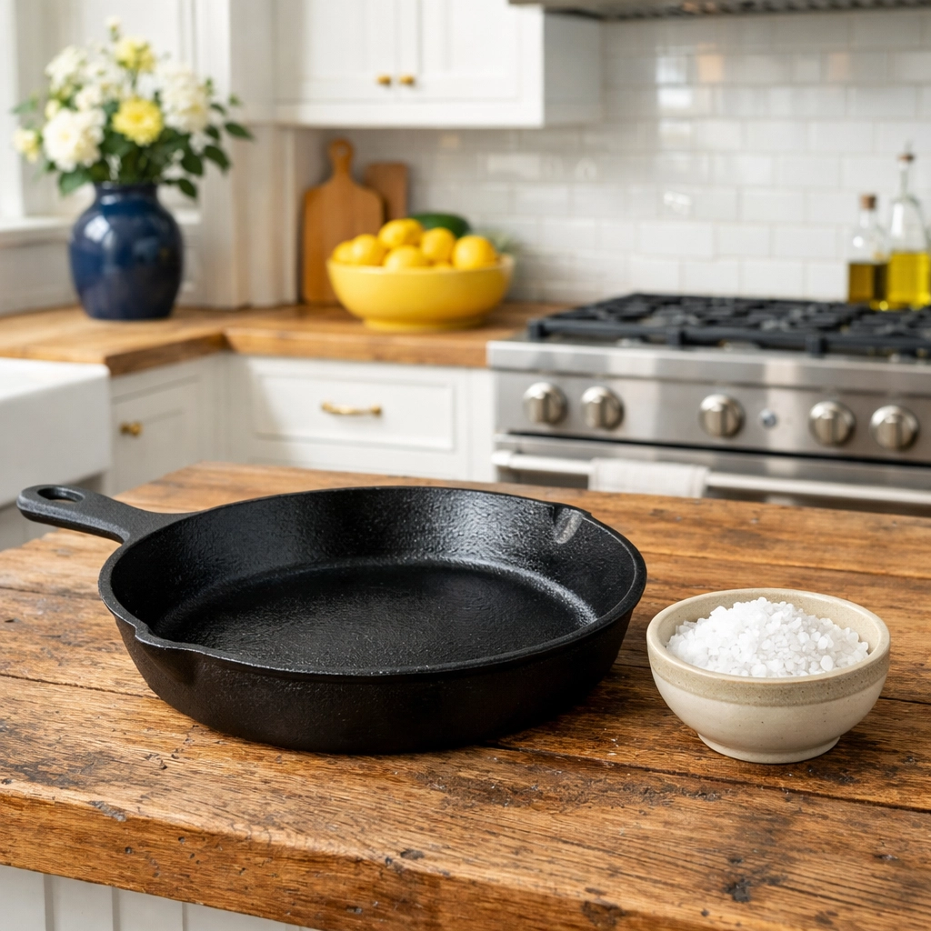 Seasoned cast iron skillet and coarse sea salt for eco-friendly cleaning in a bright, modern kitchen.