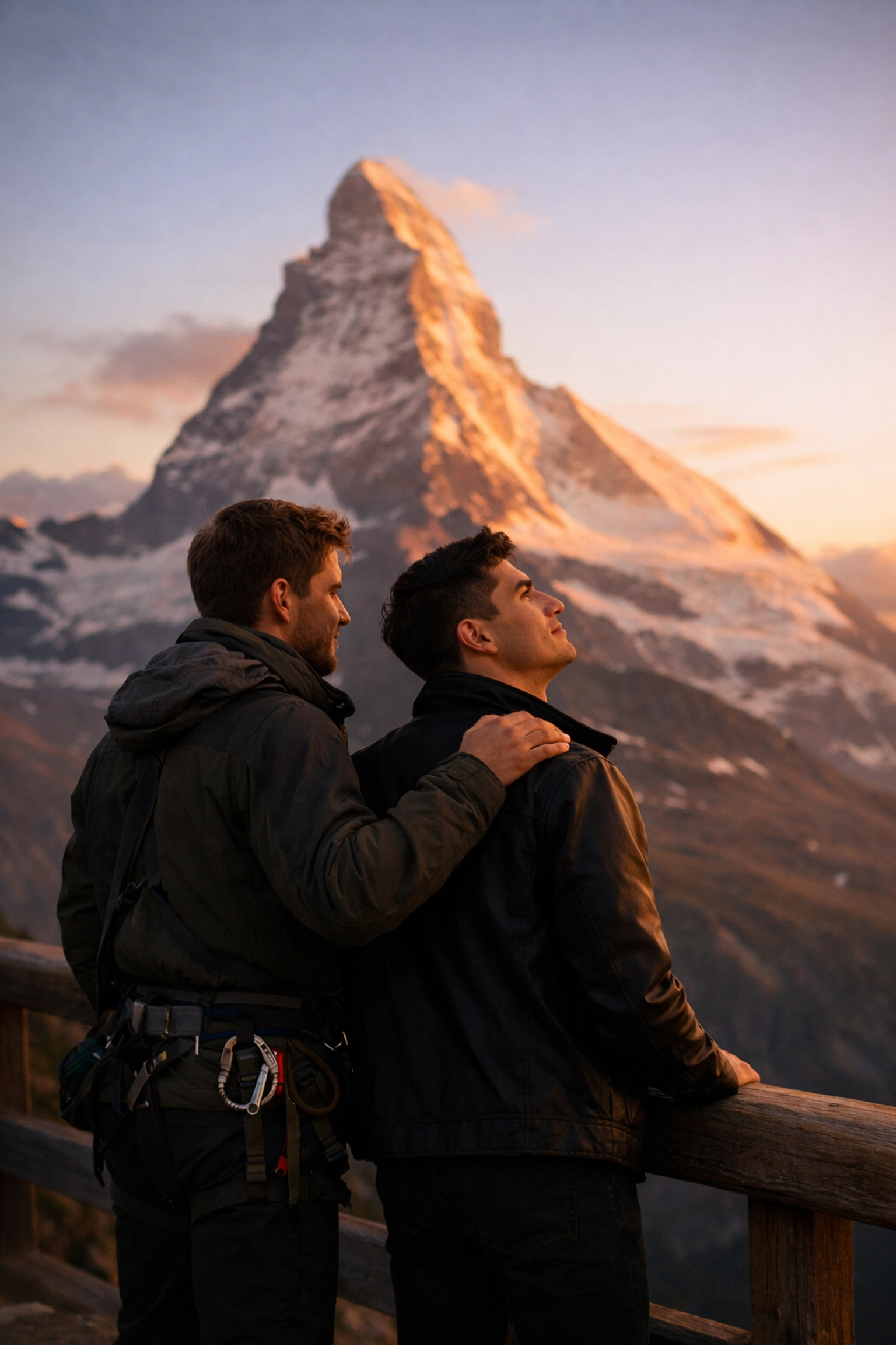 Two men share an intimate moment overlooking the Matterhorn in this MM romance set in Zermatt