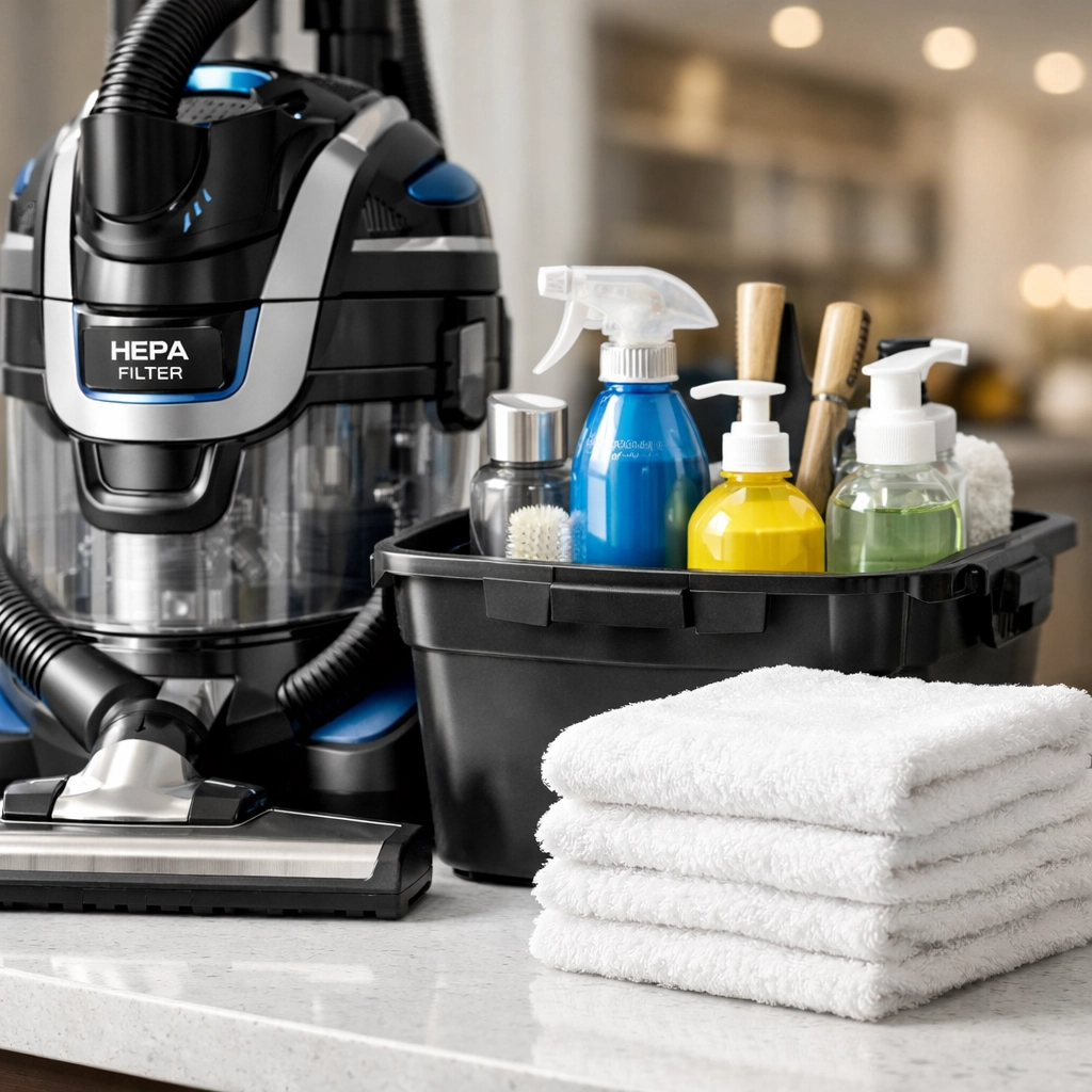 Professional house cleaning Marlborough tools including a HEPA vacuum and eco-friendly supplies on a counter.