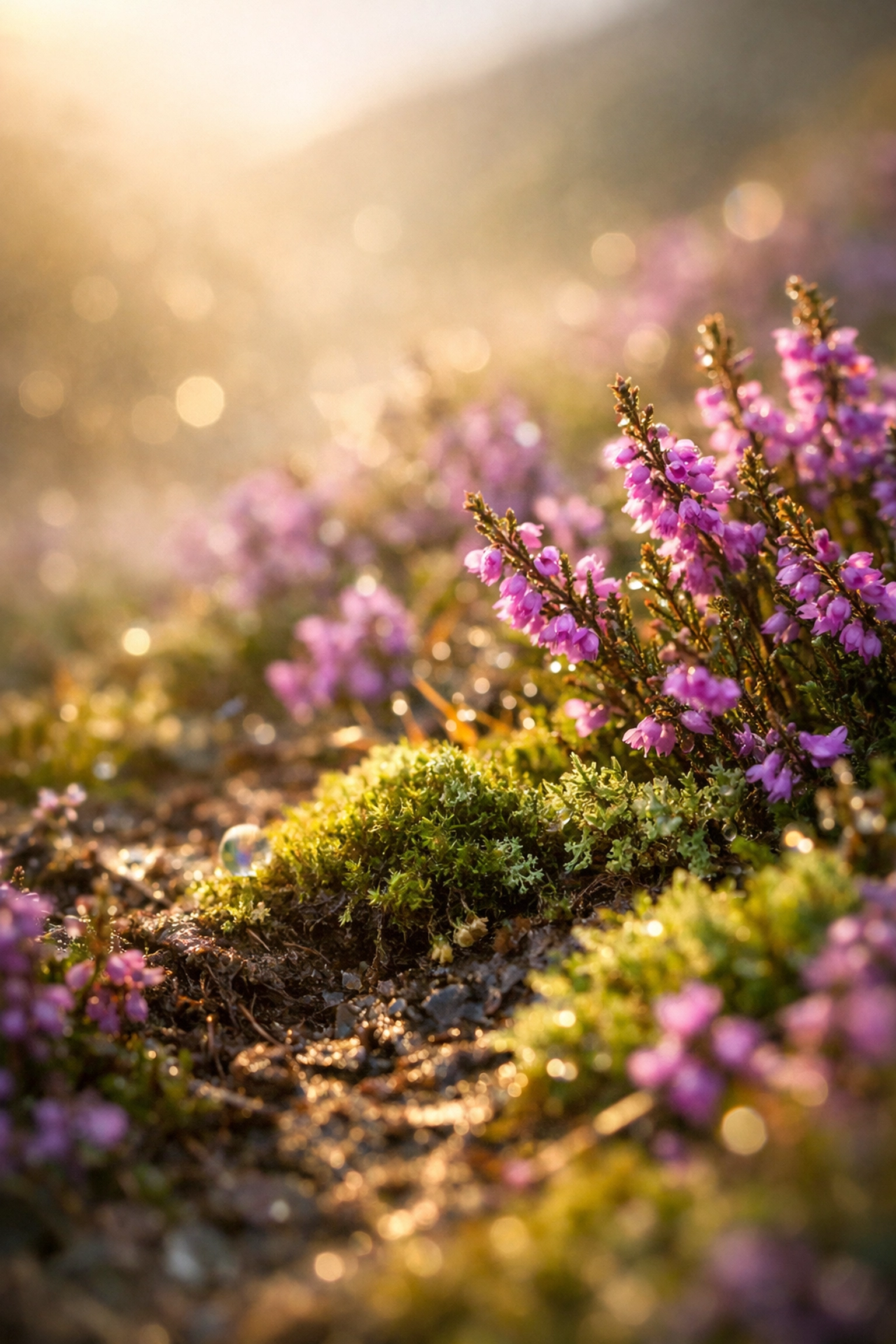 Purple Scottish heather and green moss, highlighting the eco-friendly beauty of scattering ashes in Scotland.