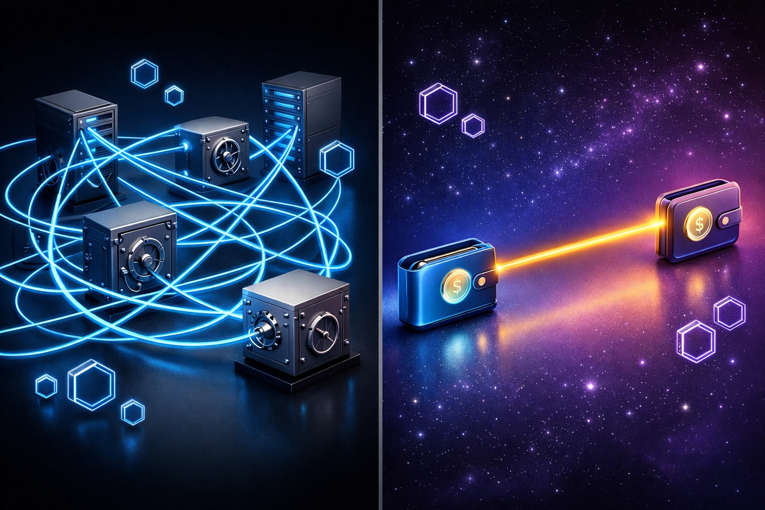 Peer-to-peer crypto payment flow vs centralized processing with custody intermediaries