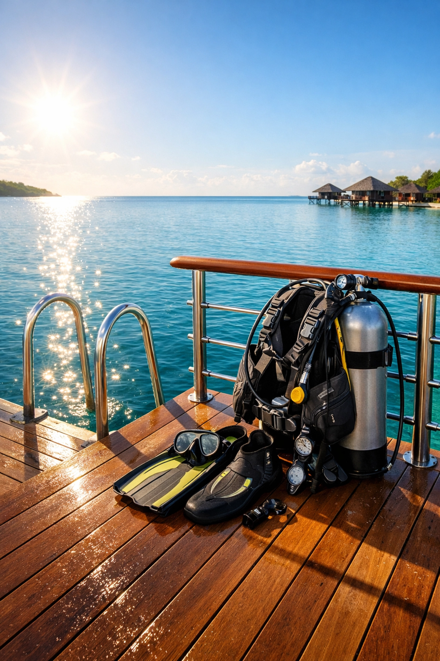 Professional scuba diving gear ready on a luxury boat deck overlooking clear tropical water.