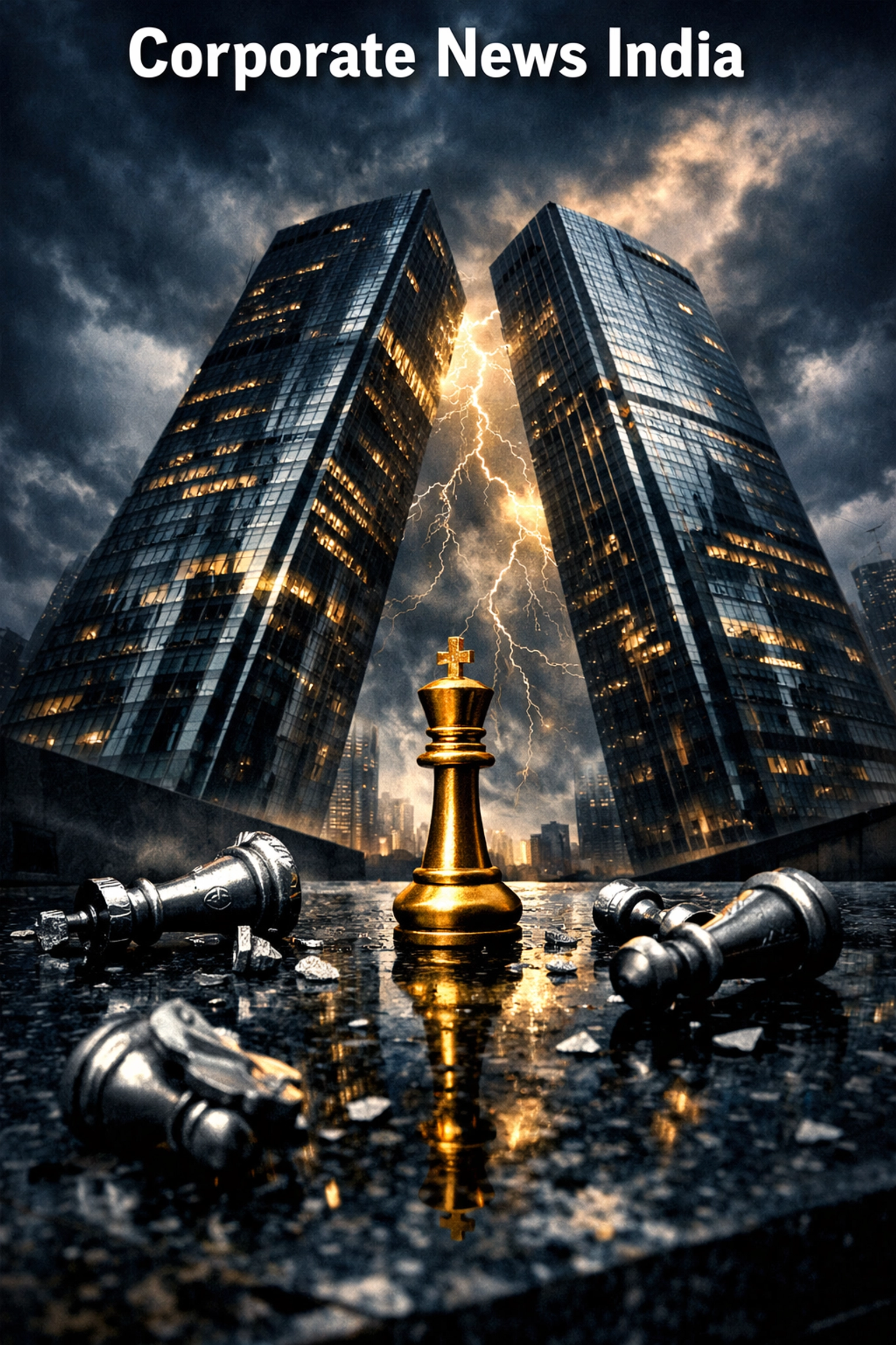 Skyscrapers and chess pieces symbolizing survival of the fittest in Corporate News India business consolidation.