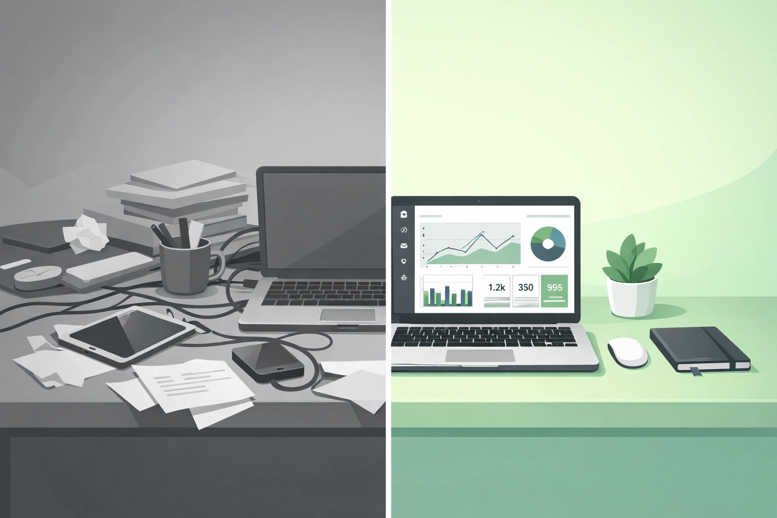 Before and after comparison switching to unified business platform from fragmented tools