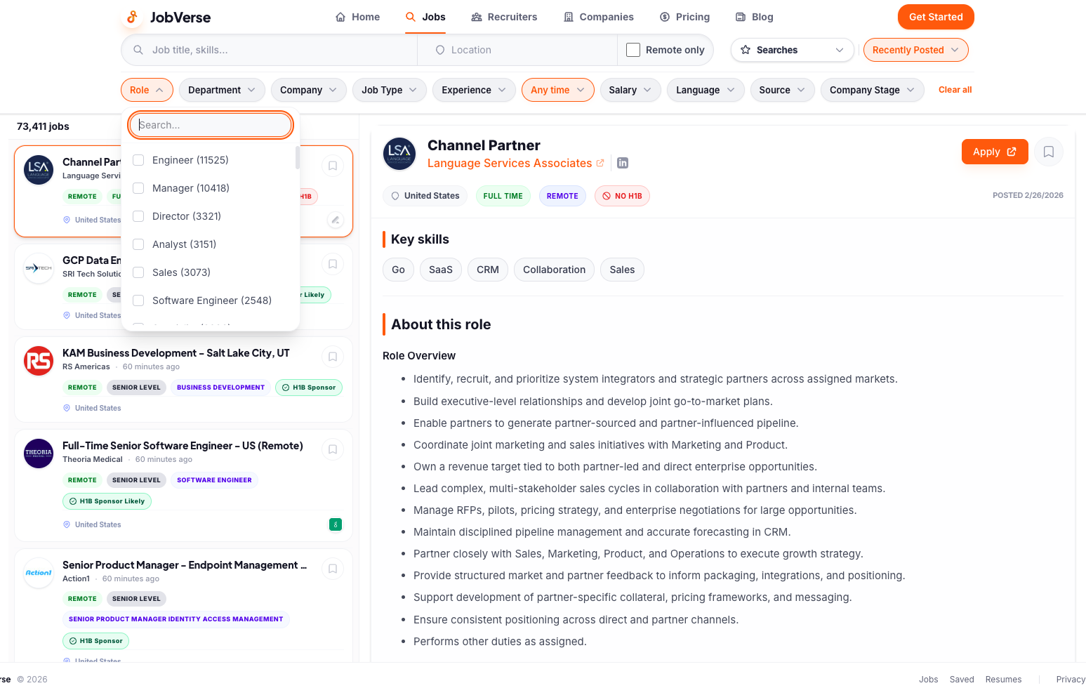 JobVerse advanced job search interface