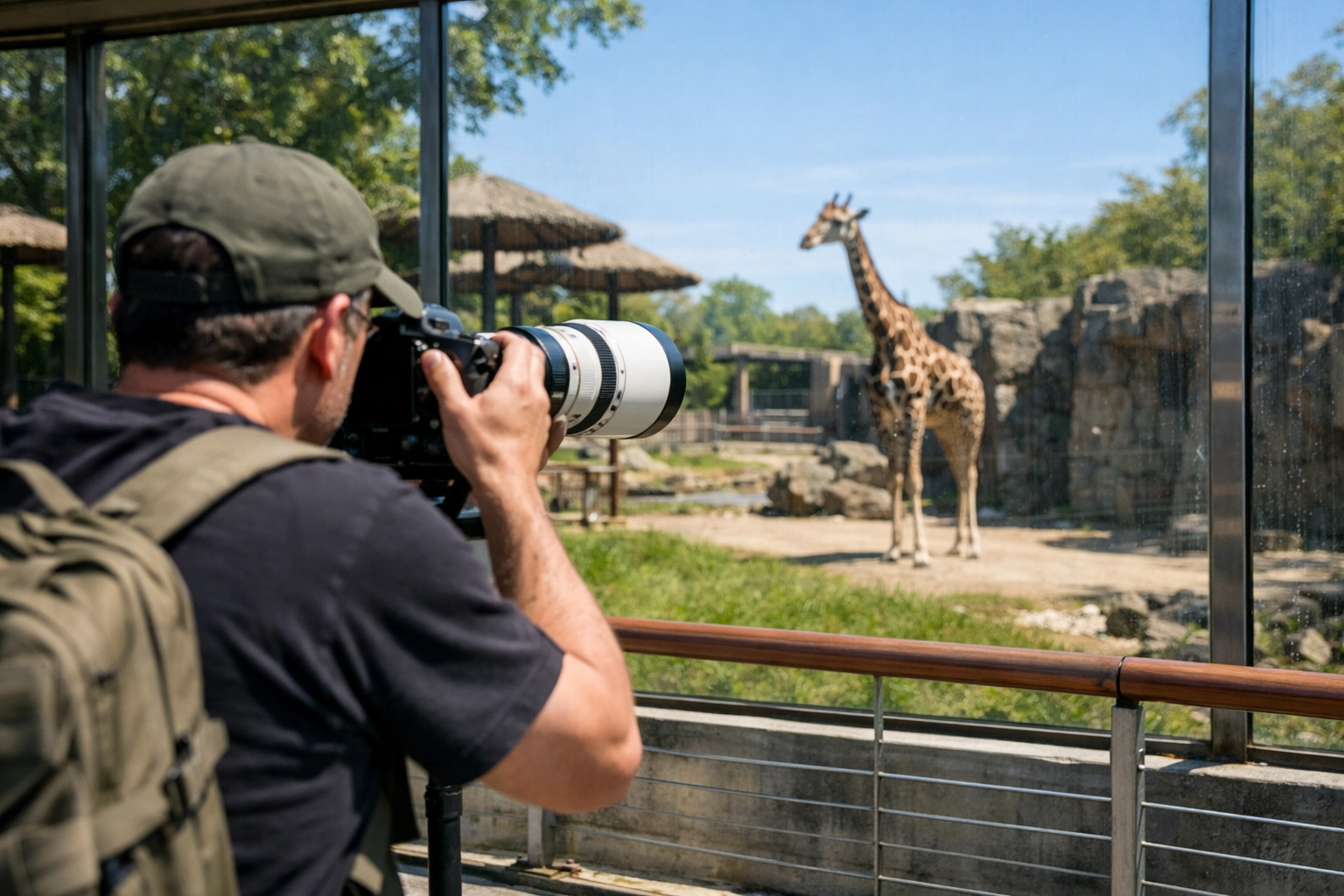 Photographer at a zoo using a telephoto lens to create space and depth in animal photography.