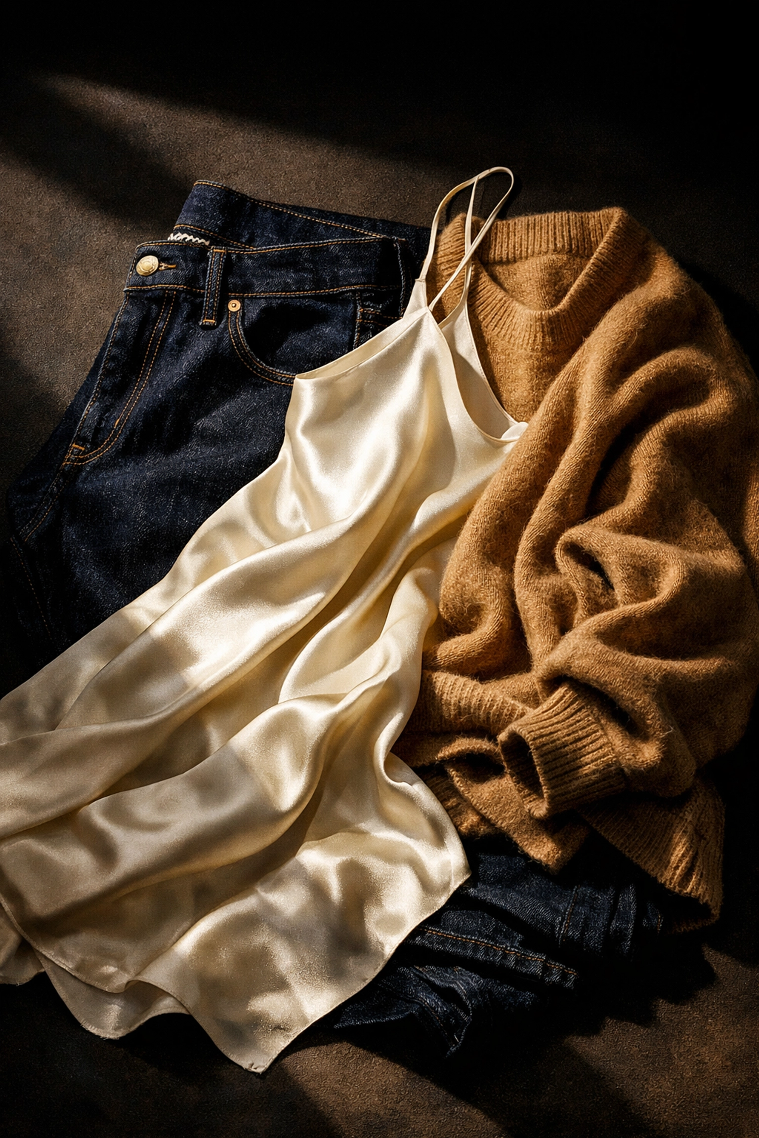 Flat lay of high-quality fashion textures featuring raw denim, a silk slip dress, and cashmere.