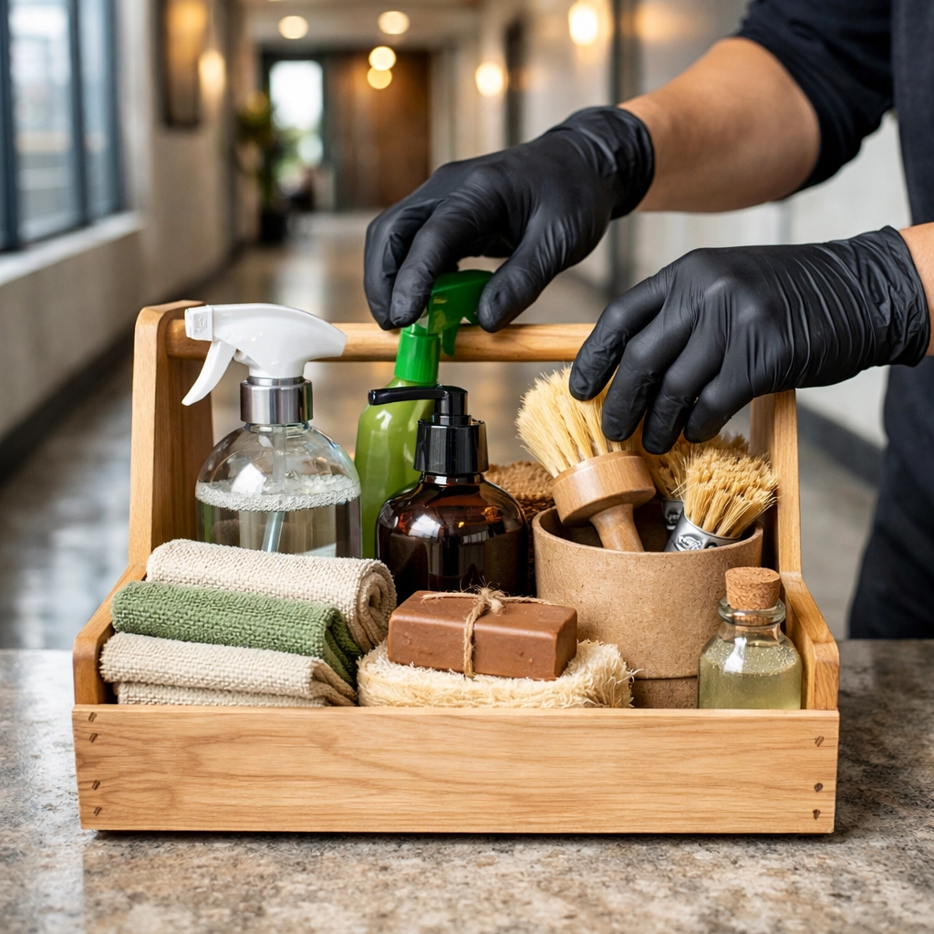Professional cleaning Pro organizing supplies in a modern Detroit luxury apartment hallway.