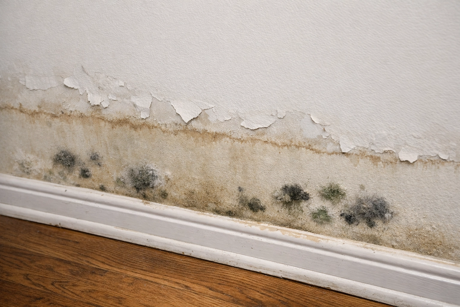 Splotchy mold and water tide lines on drywall after fire damage restoration in Pineville NC.