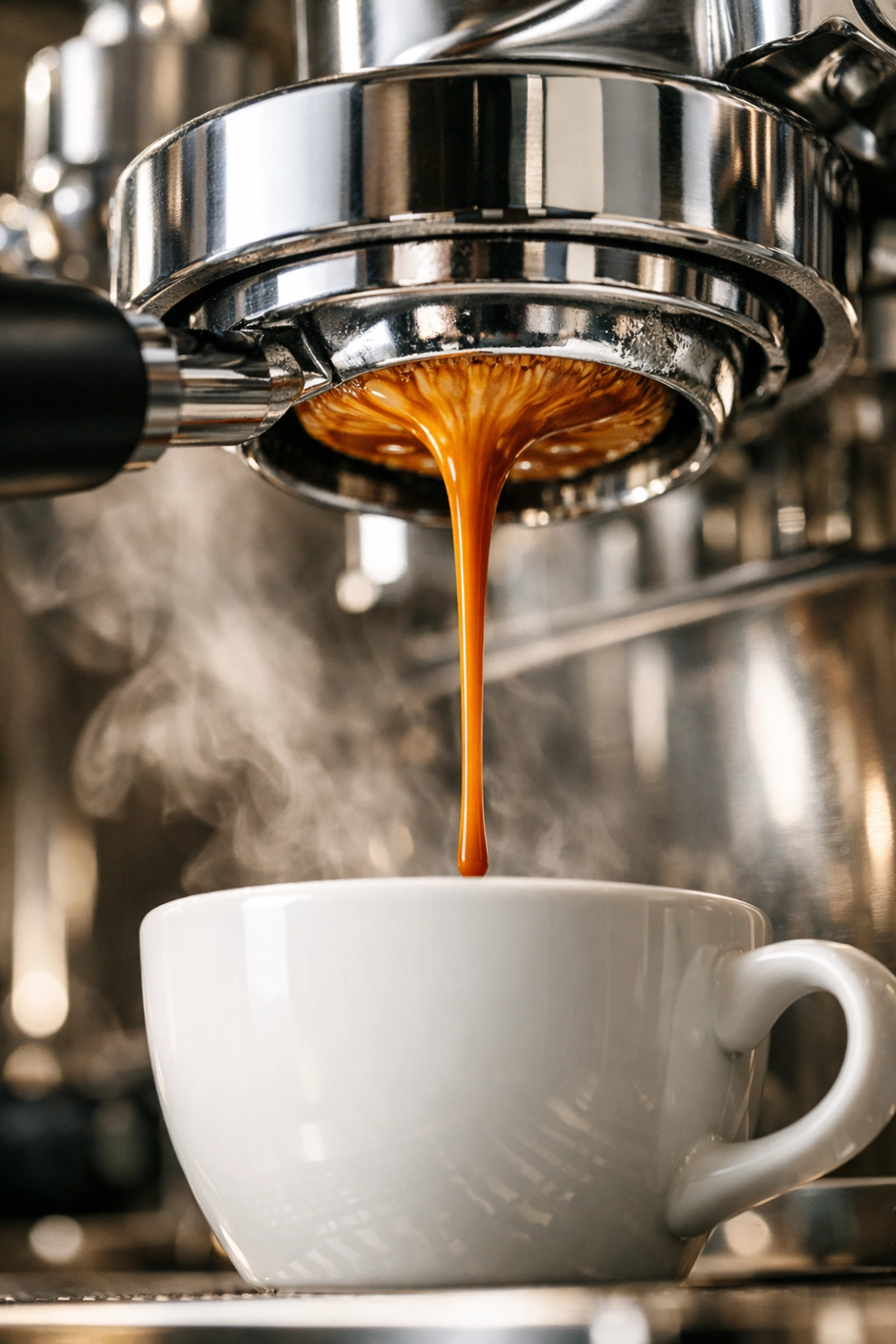 Close-up of rich espresso flowing from a bottomless portafilter, showcasing perfect extraction and crema.