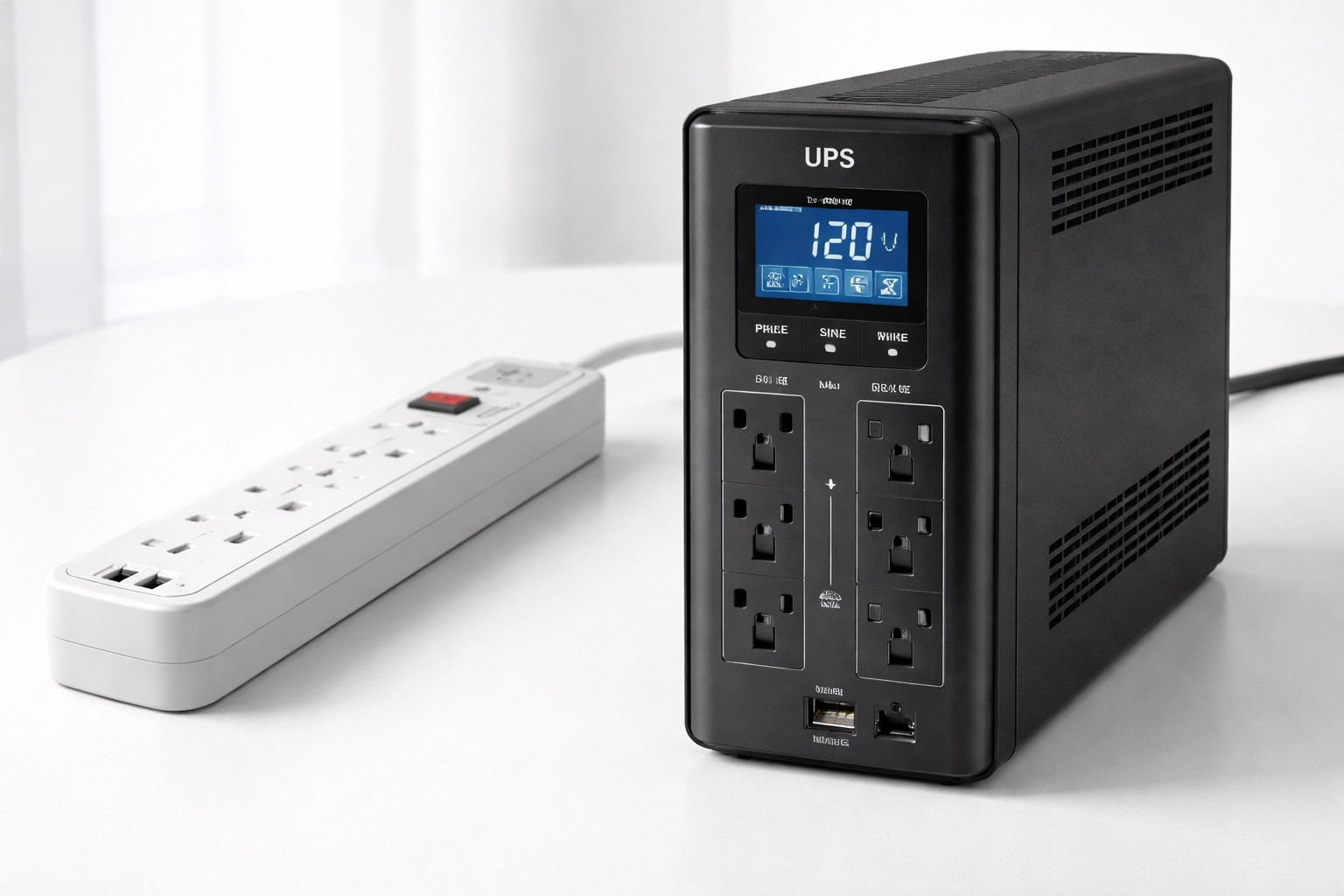 Side-by-side view of a surge protector and pure sine wave UPS, showcasing essential power protection devices for gamers.