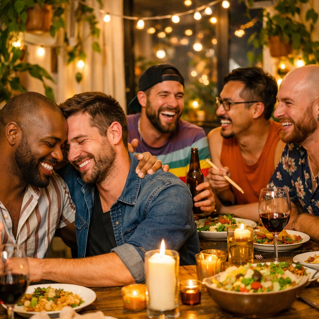 A group of queer men sharing a meal to illustrate the found family trope in queer literature.