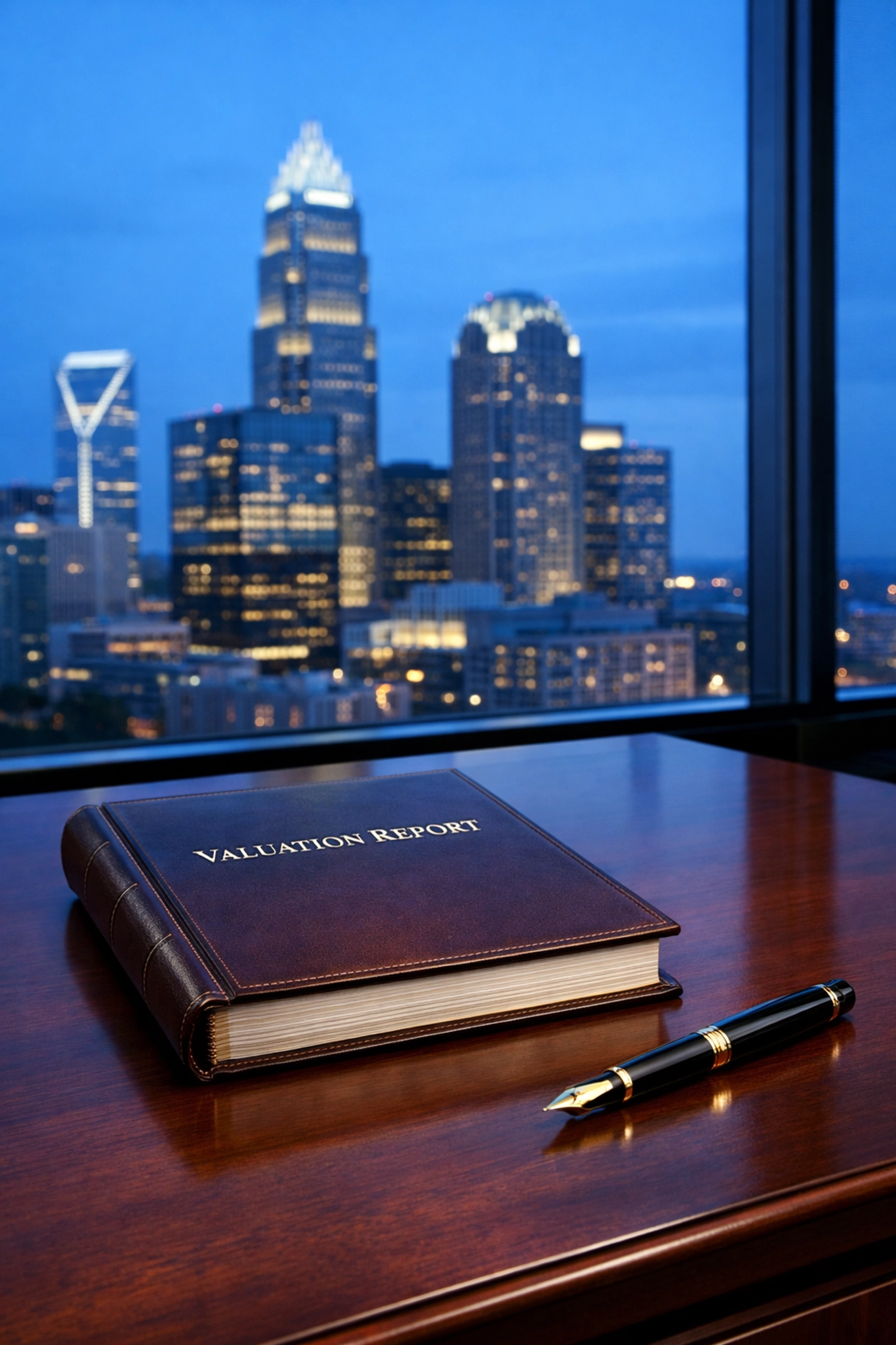 Professional business valuation services report on a desk overlooking the Charlotte NC skyline.