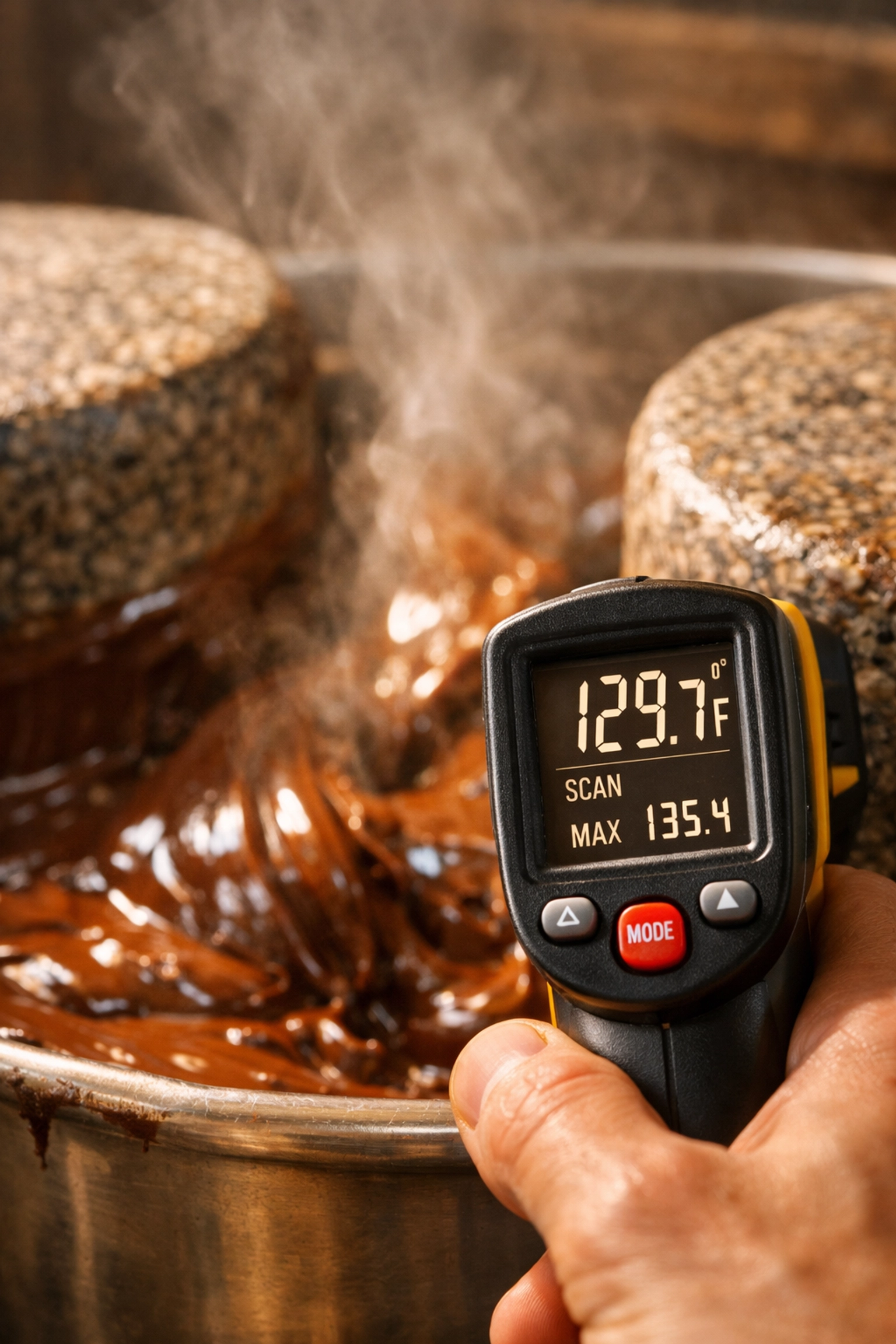 Infrared thermometer measuring chocolate stone grinder temperature during refining