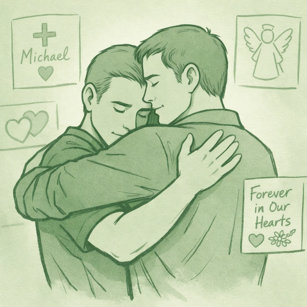 Gay men embrace during AIDS crisis with memorial quilt panels symbolizing Castro community resilience