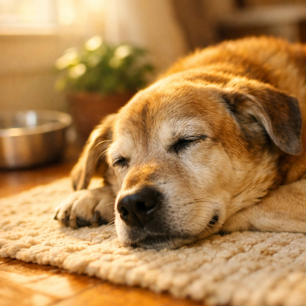 Senior dog resting in a clean home to support root cause wellness and dog inflammation reduction.