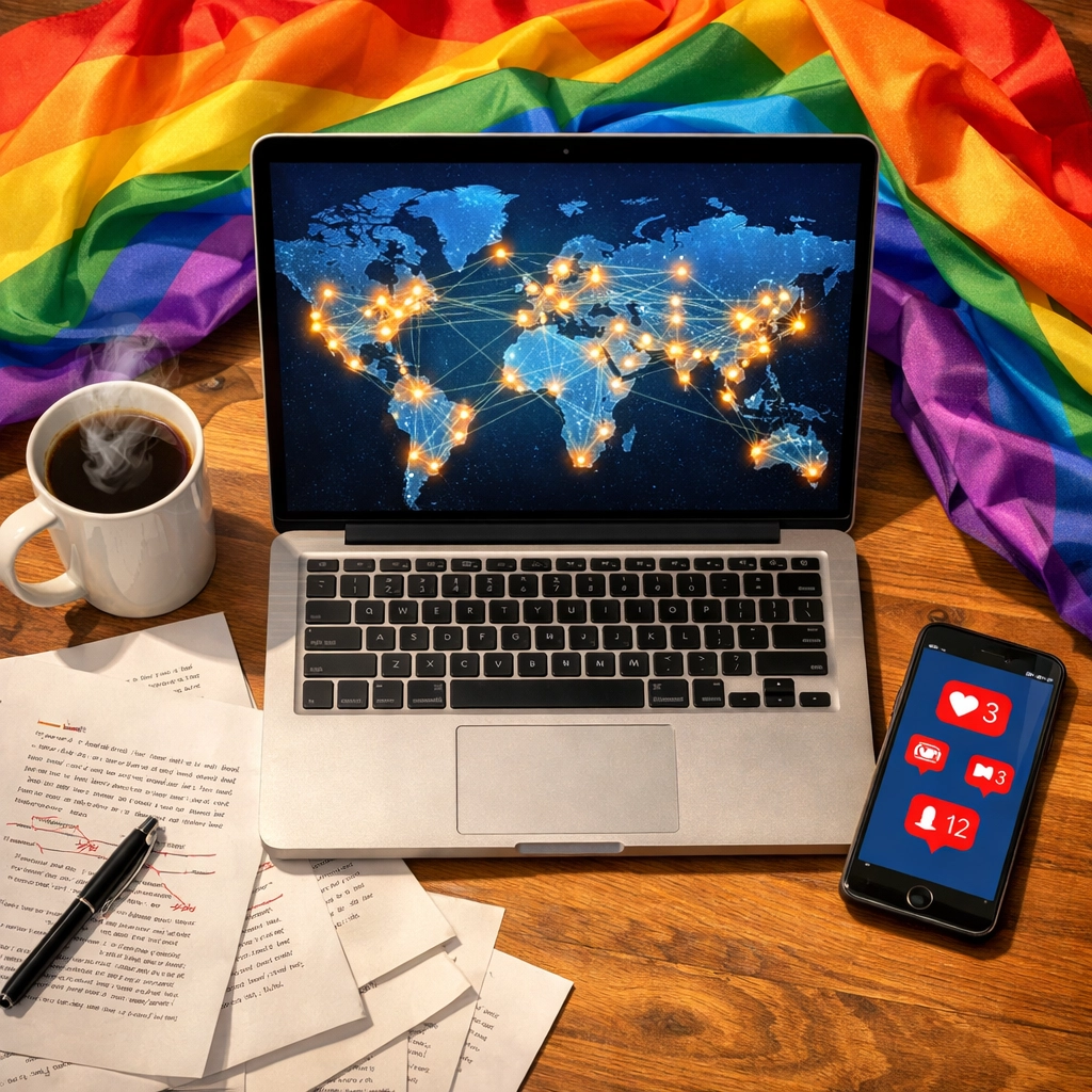 Author workspace with global sales map and LGBTQ+ book manuscript