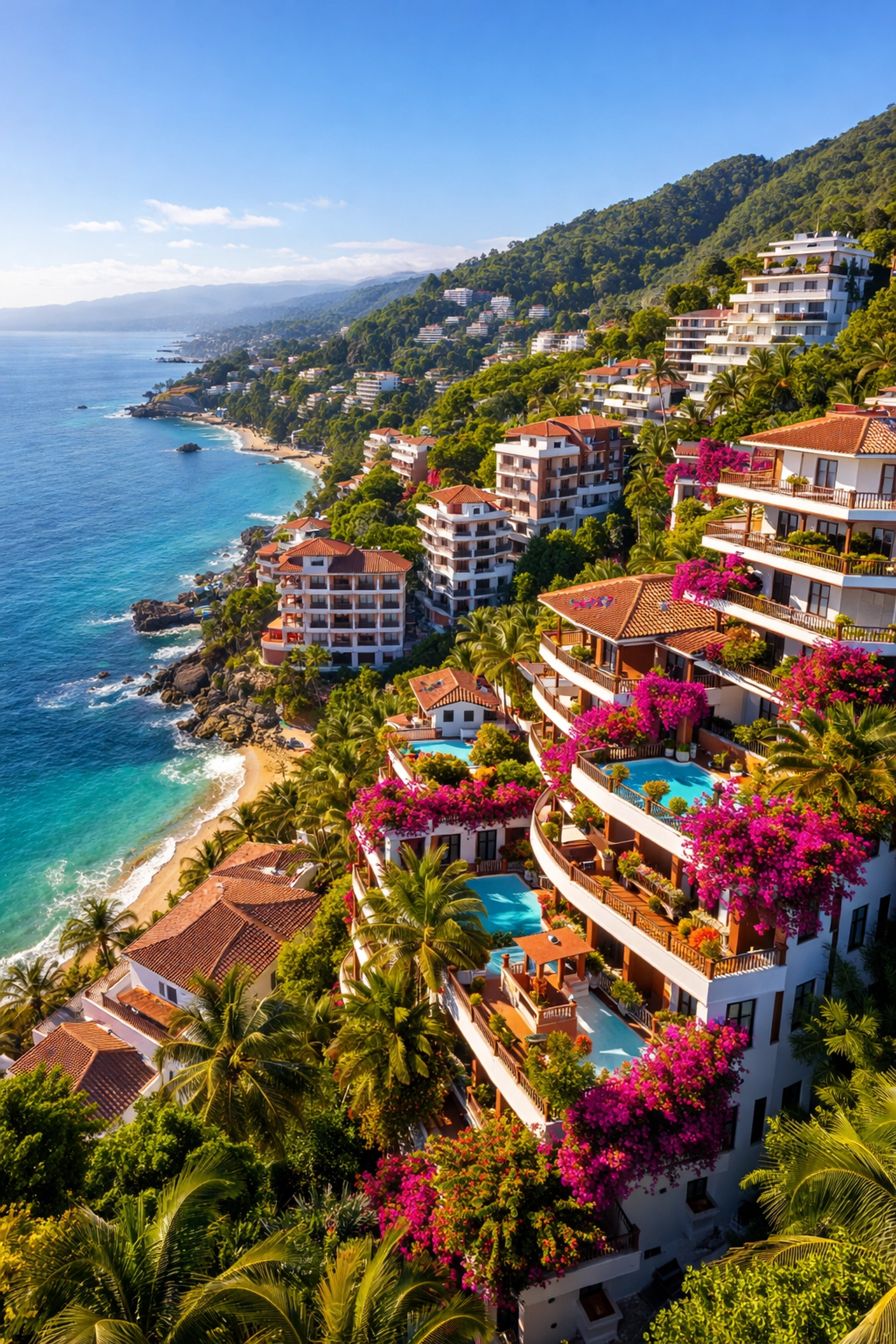 Aerial view of Amapas hillside condos overlooking Banderas Bay in Puerto Vallarta