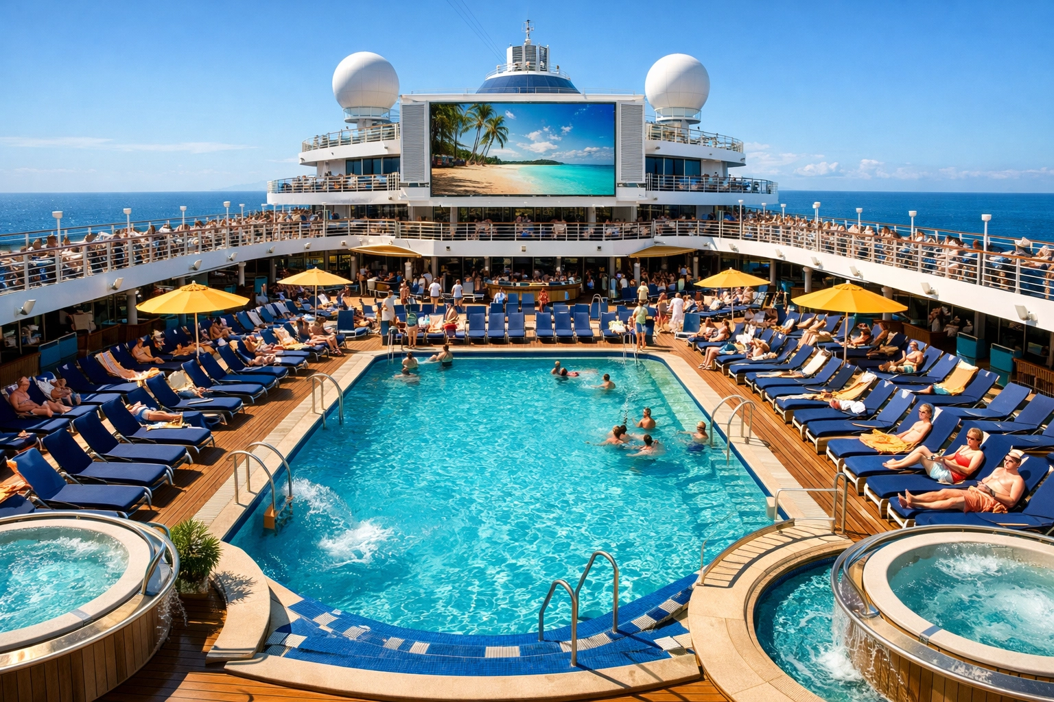 Sunny lido deck on a cruise ship with a swimming pool and loungers, perfect for a travel getaway.