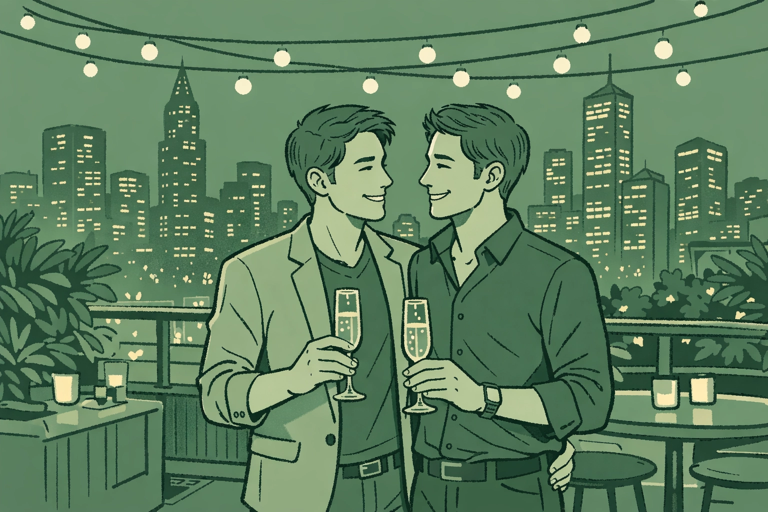 Two men enjoying champagne at LGBTQ-friendly rooftop bar with city skyline views