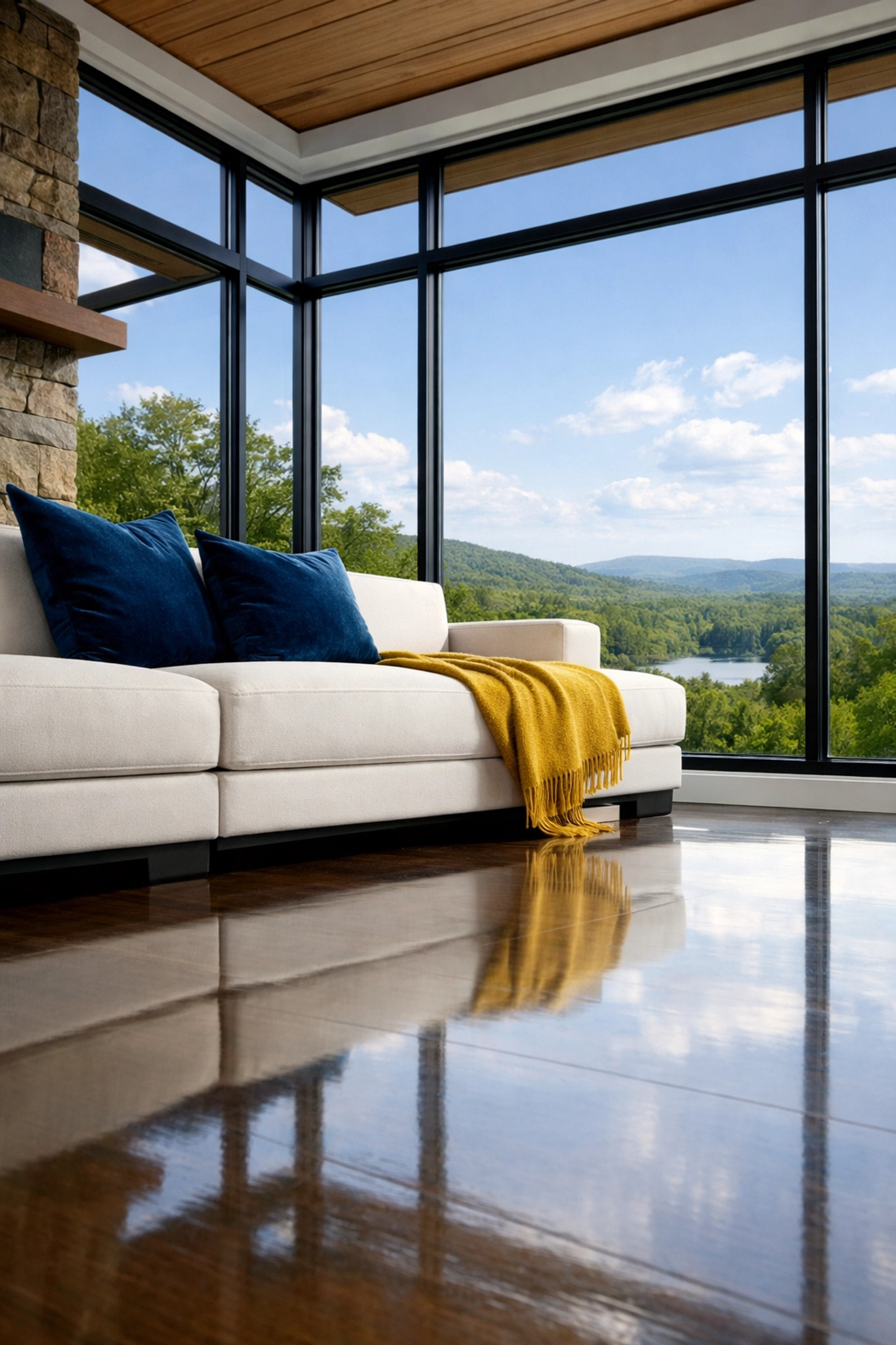 Spotless modern living room floors in Dover, highlighting detailed residential cleaning Massachusetts.