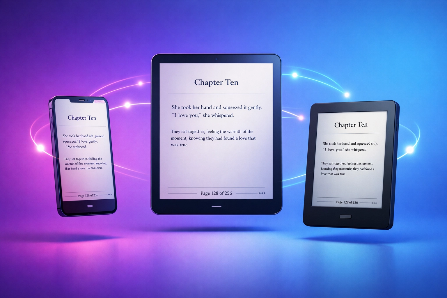 Smartphone, tablet, and e-reader syncing LGBTQ+ ebook library across devices