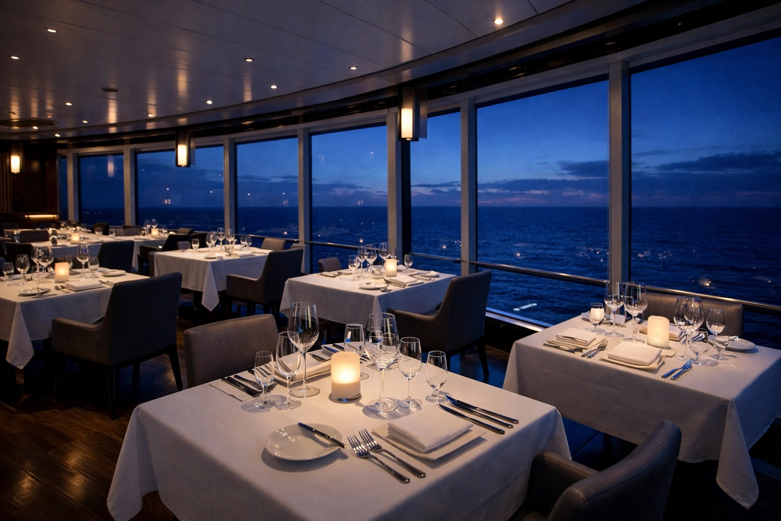 Elegant empty cruise ship restaurant with ocean views, ready for early dining reservations.