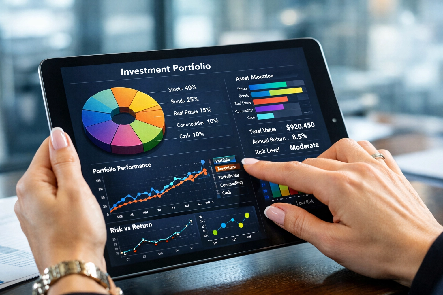 Using a tablet to manage a diversified IRA portfolio for retirement planning in Wesley Chapel FL.