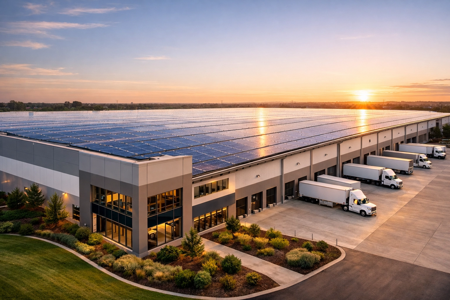 Large-scale commercial solar panel installation on a logistics center roof for business energy savings.