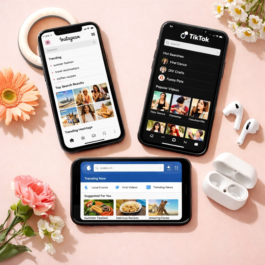 Three smartphones displaying Instagram, TikTok, and Facebook social search results