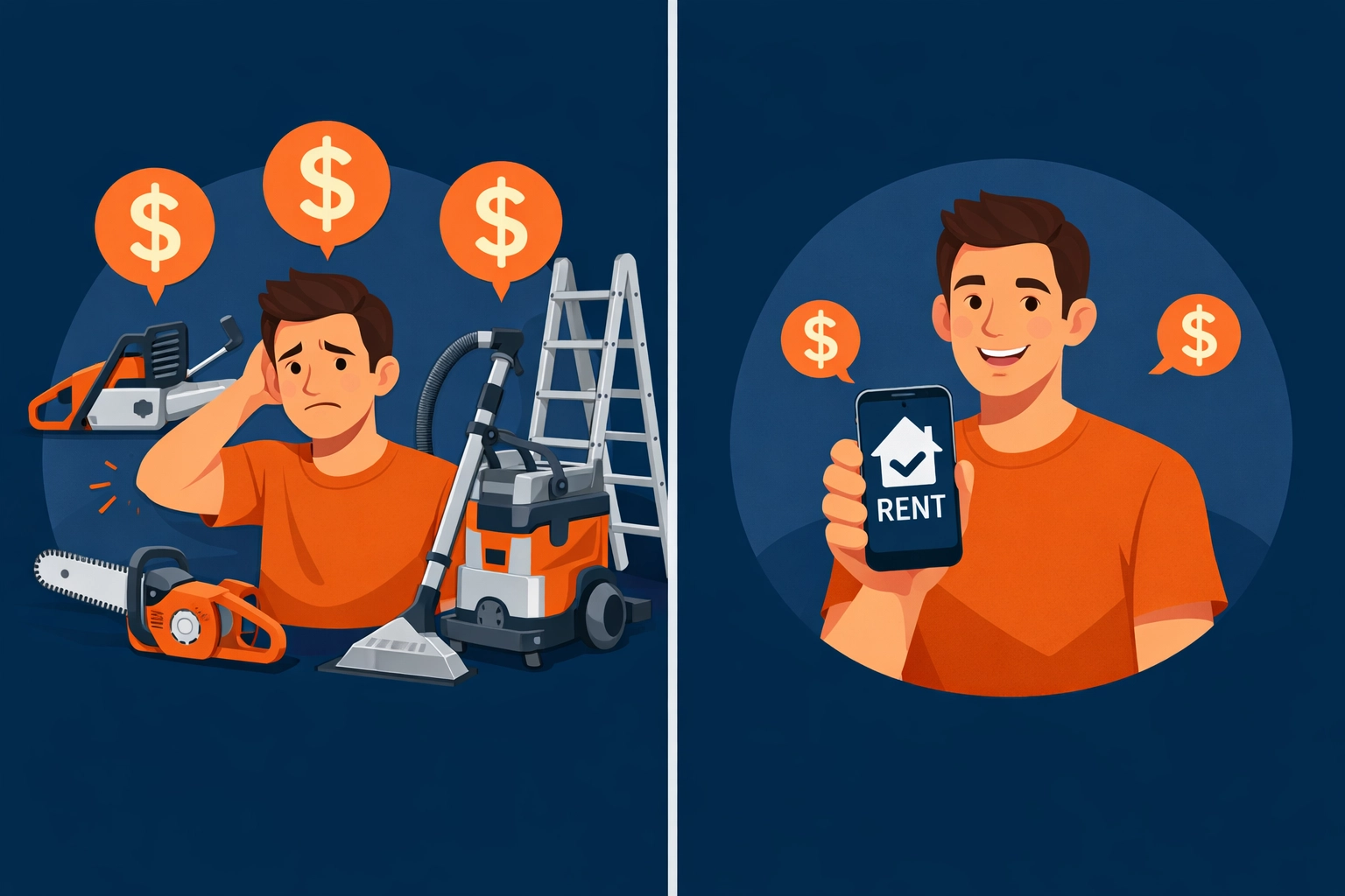 Comparison showing cost of owning tools versus renting from neighbors through sharing app