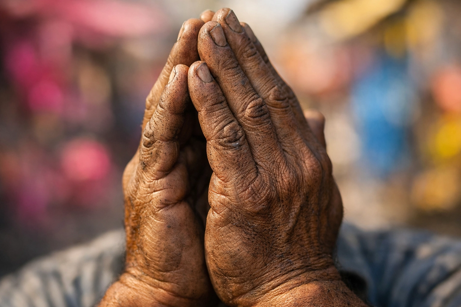 Weathered hands joined in prayer against a colorful Mexican background, seeking peace and protection.