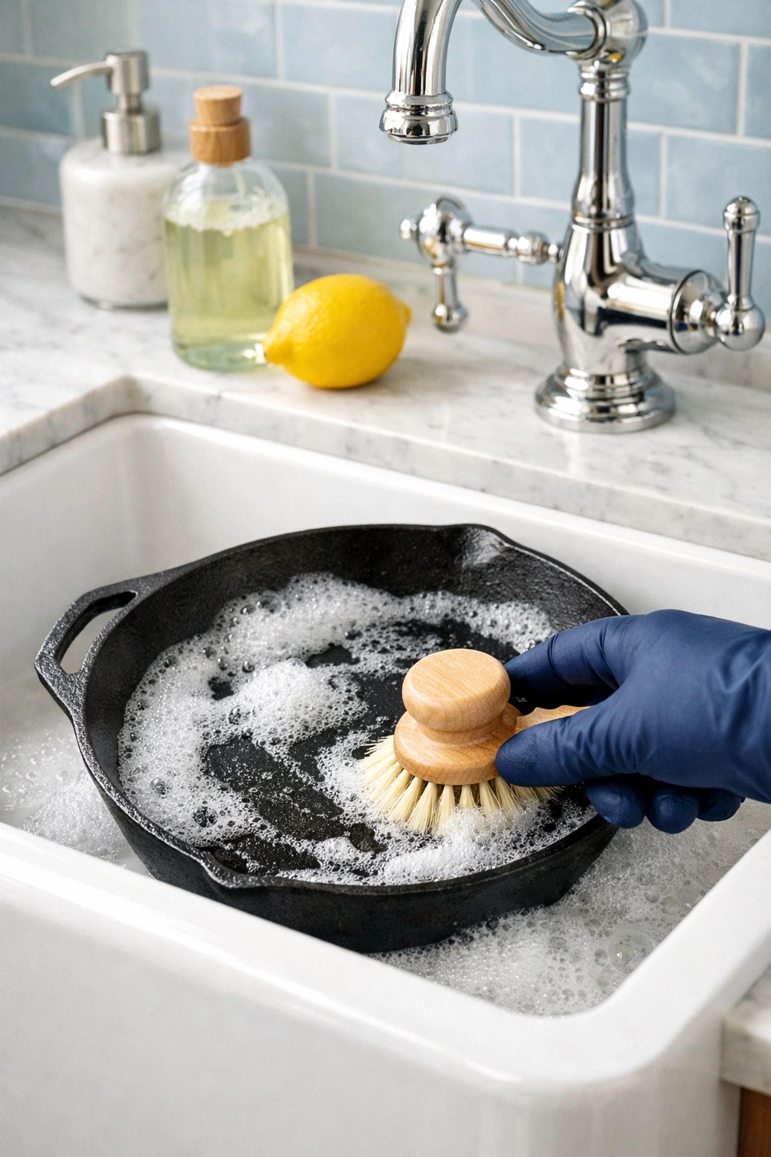 Cleaning a seasoned cast iron skillet with eco-friendly soap in a white kitchen sink.