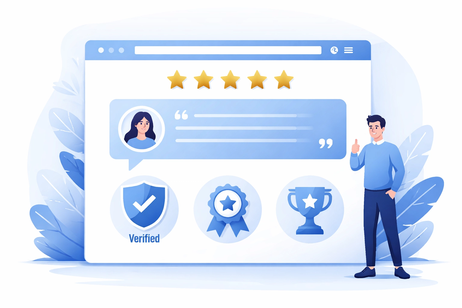 Website mockup displaying trust signals like testimonials and ratings, building online credibility